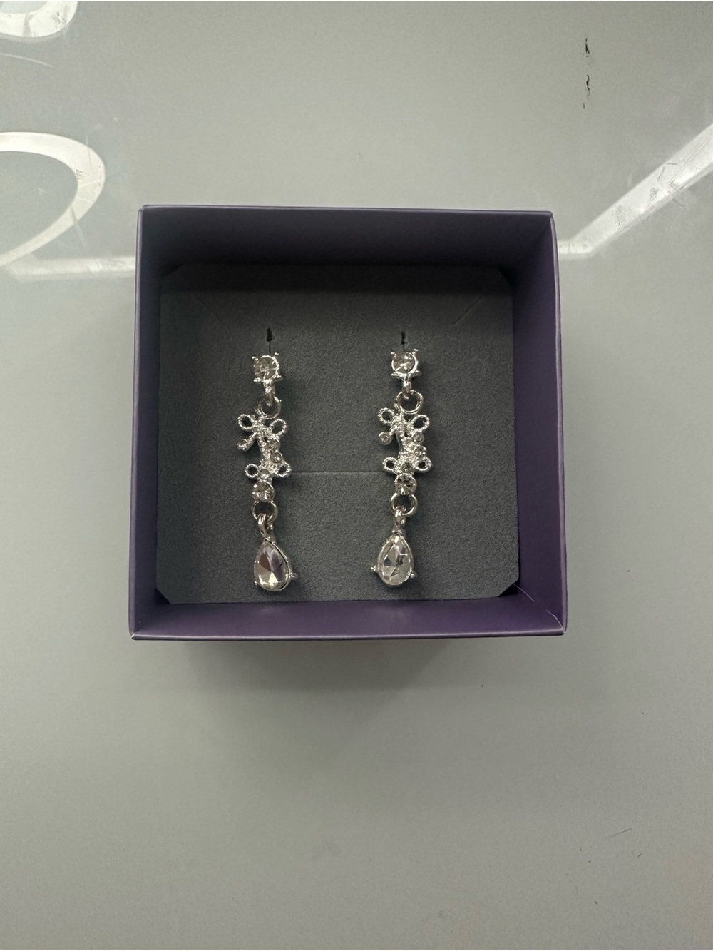Crystal Teardrop Filigree Drop Earrings - Silver Tone